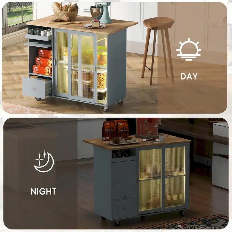 Kitchen Island with Drop Leaf, LED Light, Fluted Glass Doors and Drawers
