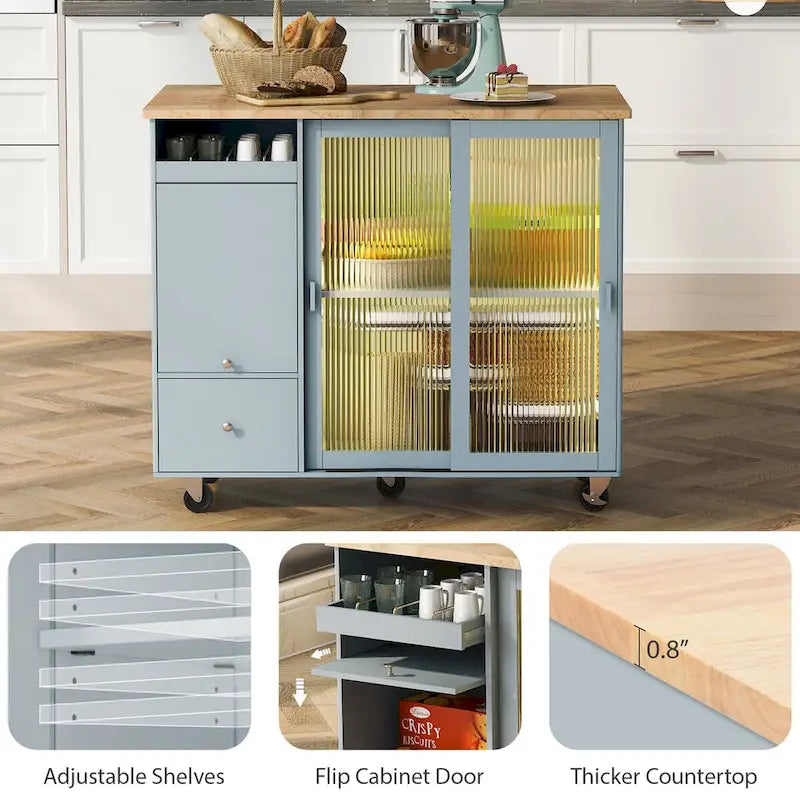 Kitchen Island with Drop Leaf, LED Light, Fluted Glass Doors and Drawers