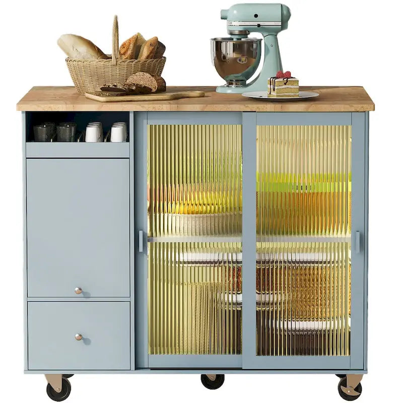 Kitchen Island with Drop Leaf, LED Light, Fluted Glass Doors and Drawers