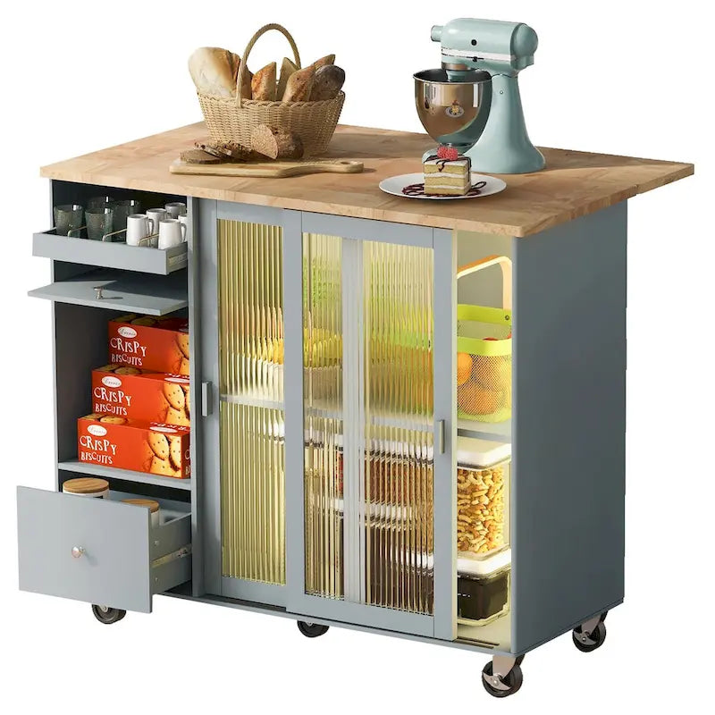 Kitchen Island with Drop Leaf, LED Light, Fluted Glass Doors and Drawers