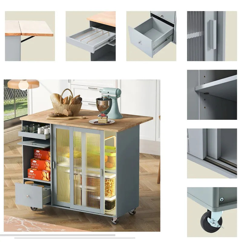 Kitchen Island with Drop Leaf, LED Light, Fluted Glass Doors and Drawers