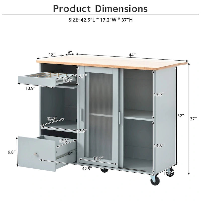 Kitchen Island with Drop Leaf, LED Light, Fluted Glass Doors and Drawers