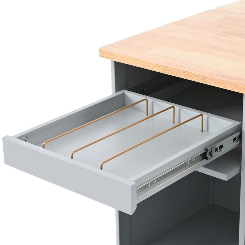 Kitchen Island with Drop Leaf, LED Light, Fluted Glass Doors and Drawers