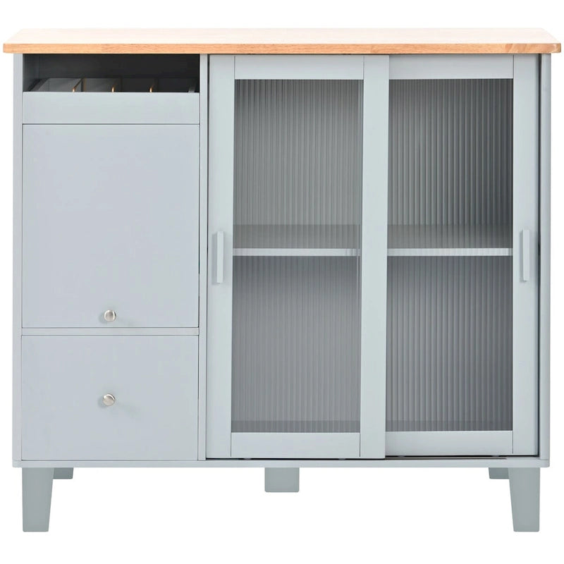 Kitchen Island with Drop Leaf, LED Light, Fluted Glass Doors and Drawers