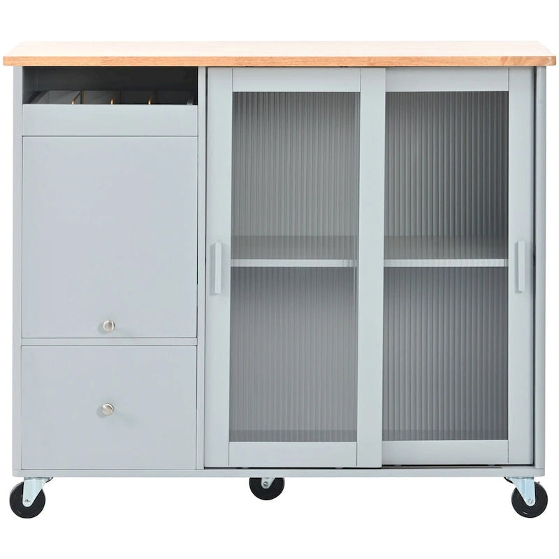 Kitchen Island with Drop Leaf, LED Light, Fluted Glass Doors and Drawers