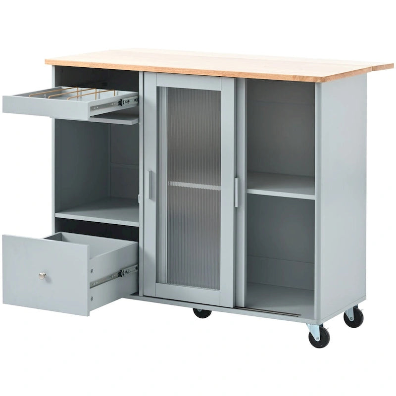 Kitchen Island with Drop Leaf, LED Light, Fluted Glass Doors and Drawers