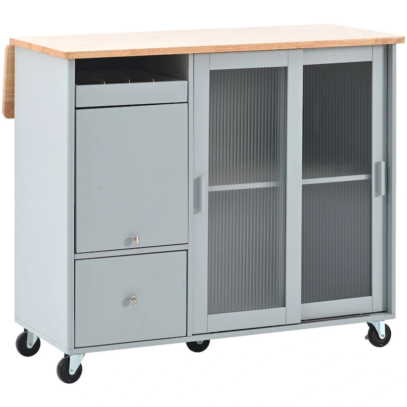 Kitchen Island with Drop Leaf, LED Light, Fluted Glass Doors and Drawers