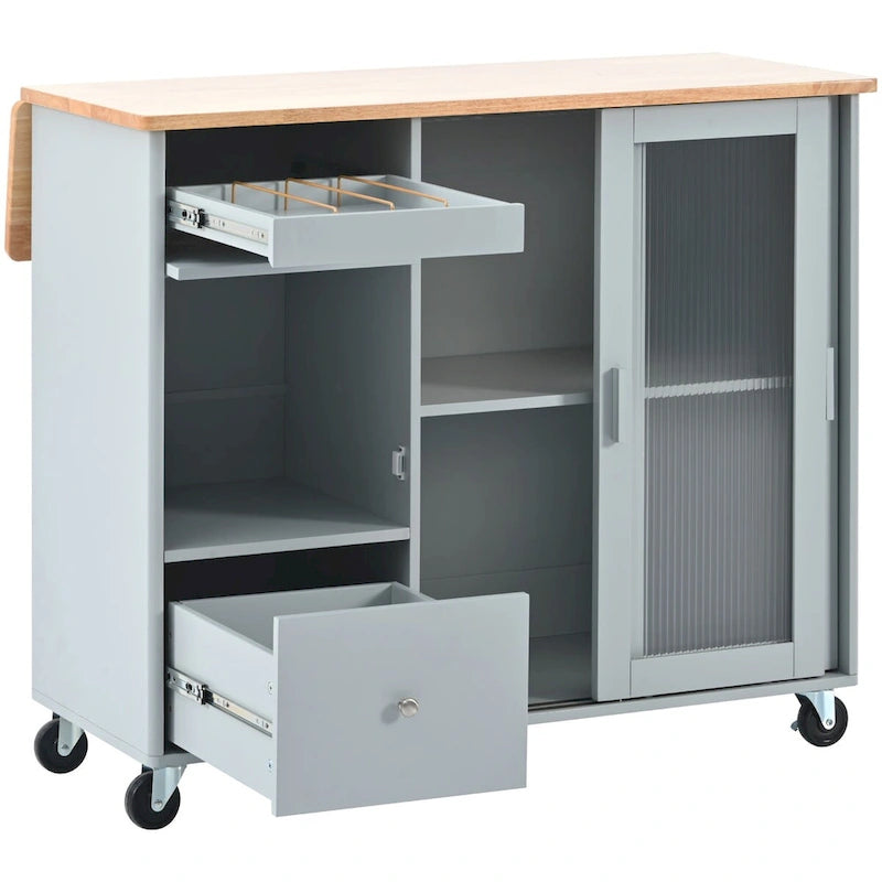 Kitchen Island with Drop Leaf, LED Light, Fluted Glass Doors and Drawers