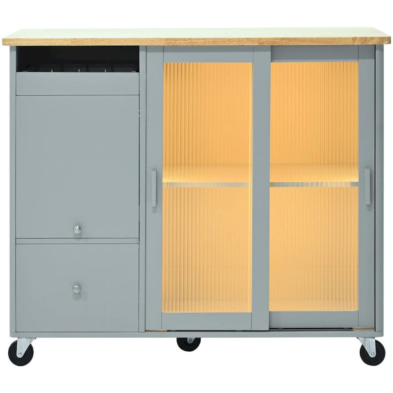 Kitchen Island with Drop Leaf, LED Light, Fluted Glass Doors and Drawers