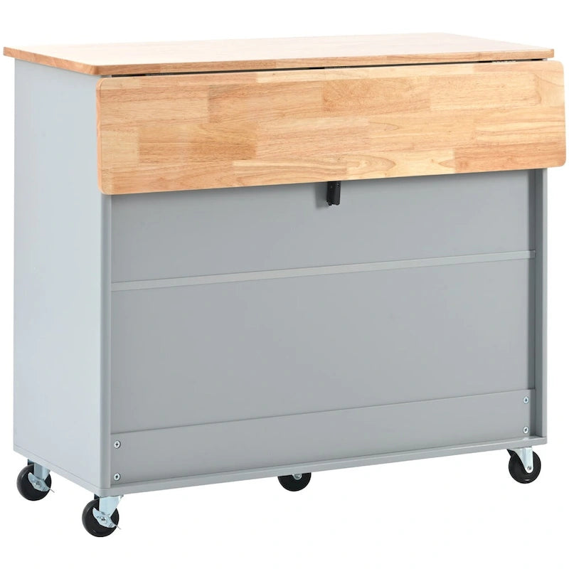 Kitchen Island with Drop Leaf, LED Light, Fluted Glass Doors and Drawers