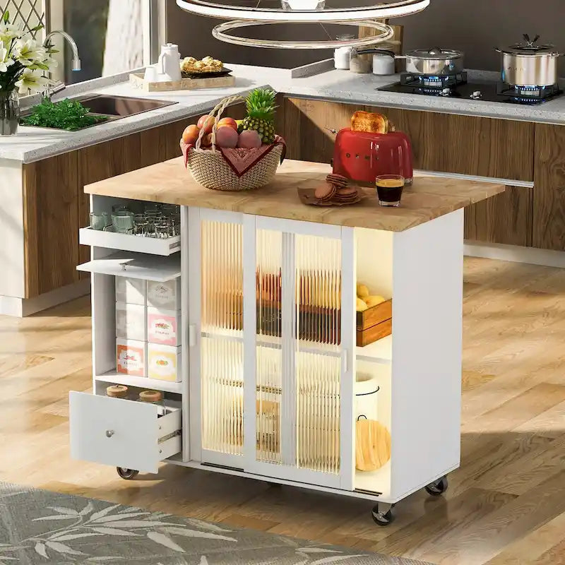 Kitchen Island with Drop Leaf, LED Light, Fluted Glass Doors and Drawers