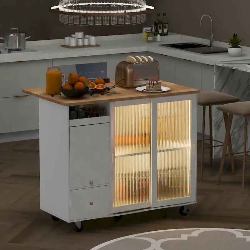 Kitchen Island with Drop Leaf, LED Light, Fluted Glass Doors and Drawers