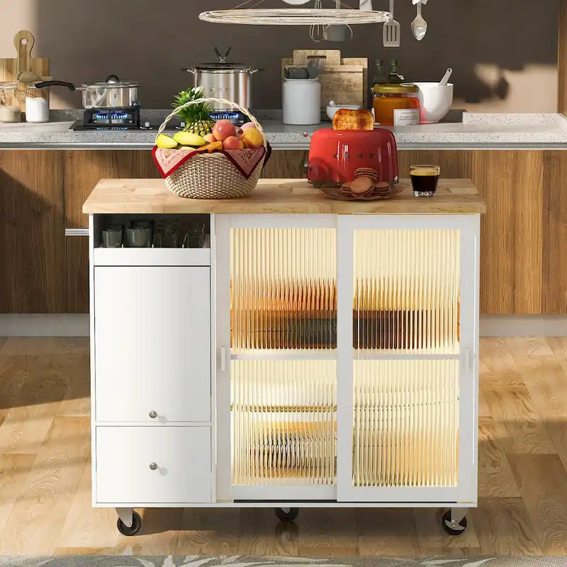 Kitchen Island with Drop Leaf, LED Light, Fluted Glass Doors and Drawers