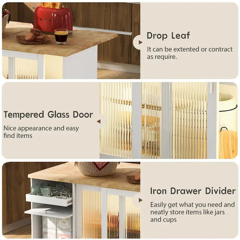Kitchen Island with Drop Leaf, LED Light, Fluted Glass Doors and Drawers