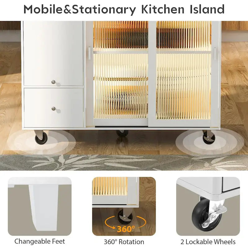 Kitchen Island with Drop Leaf, LED Light, Fluted Glass Doors and Drawers