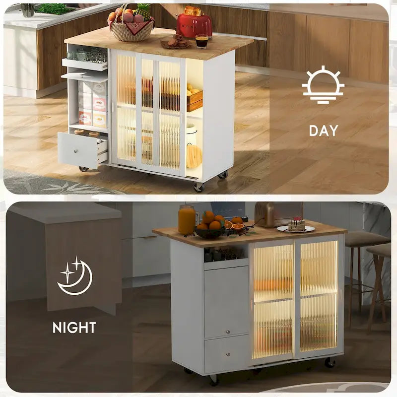 Kitchen Island with Drop Leaf, LED Light, Fluted Glass Doors and Drawers