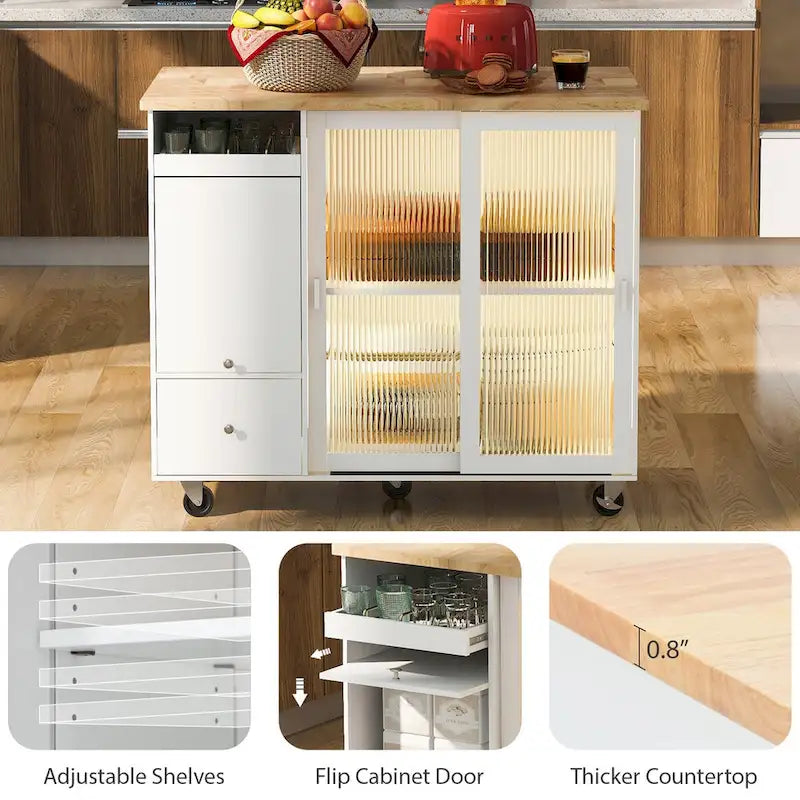 Kitchen Island with Drop Leaf, LED Light, Fluted Glass Doors and Drawers
