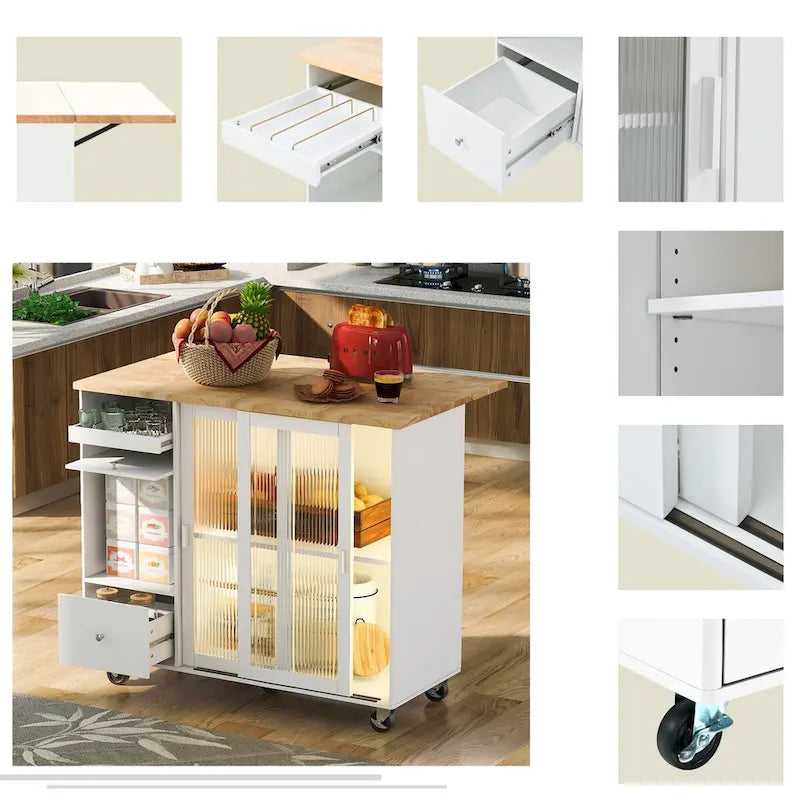 Kitchen Island with Drop Leaf, LED Light, Fluted Glass Doors and Drawers