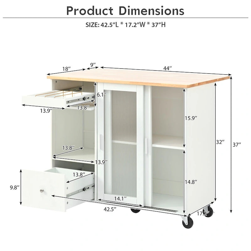 Kitchen Island with Drop Leaf, LED Light, Fluted Glass Doors and Drawers