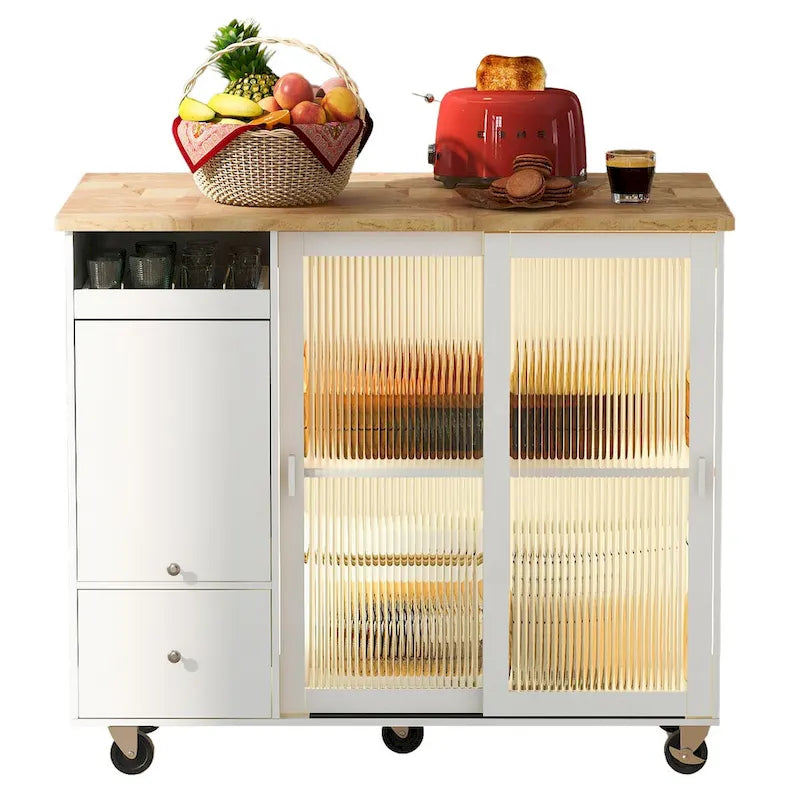 Kitchen Island with Drop Leaf, LED Light, Fluted Glass Doors and Drawers