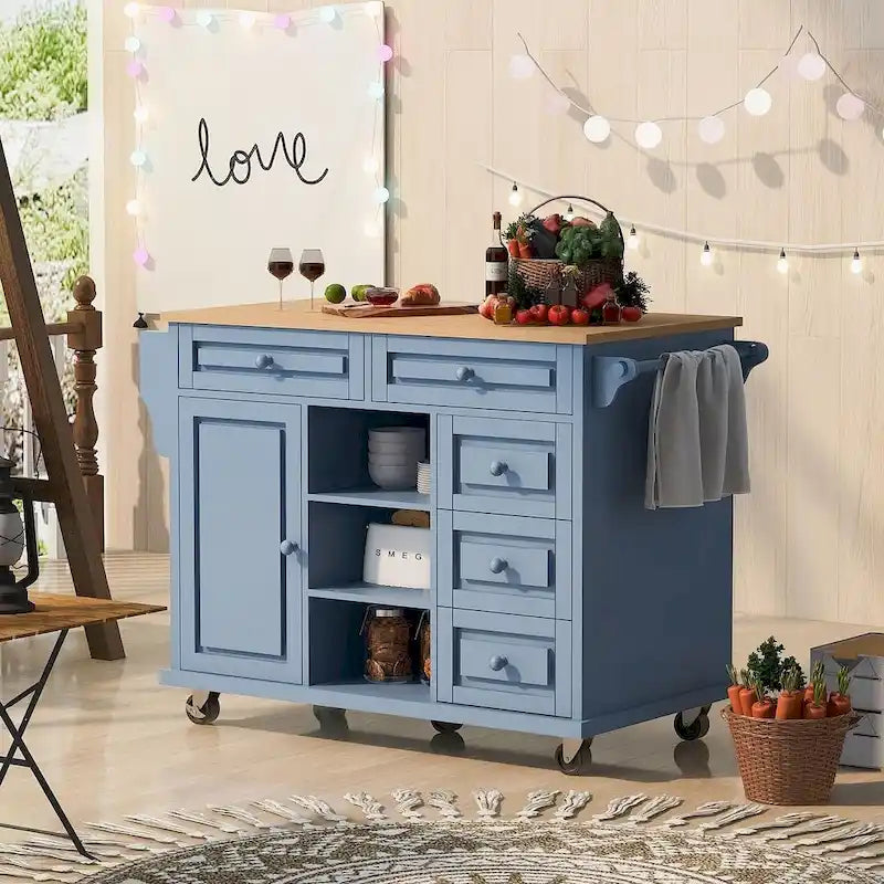 53-Inch Rolling Kitchen Island Cart with 5 Drawers and Adjustable Shelves