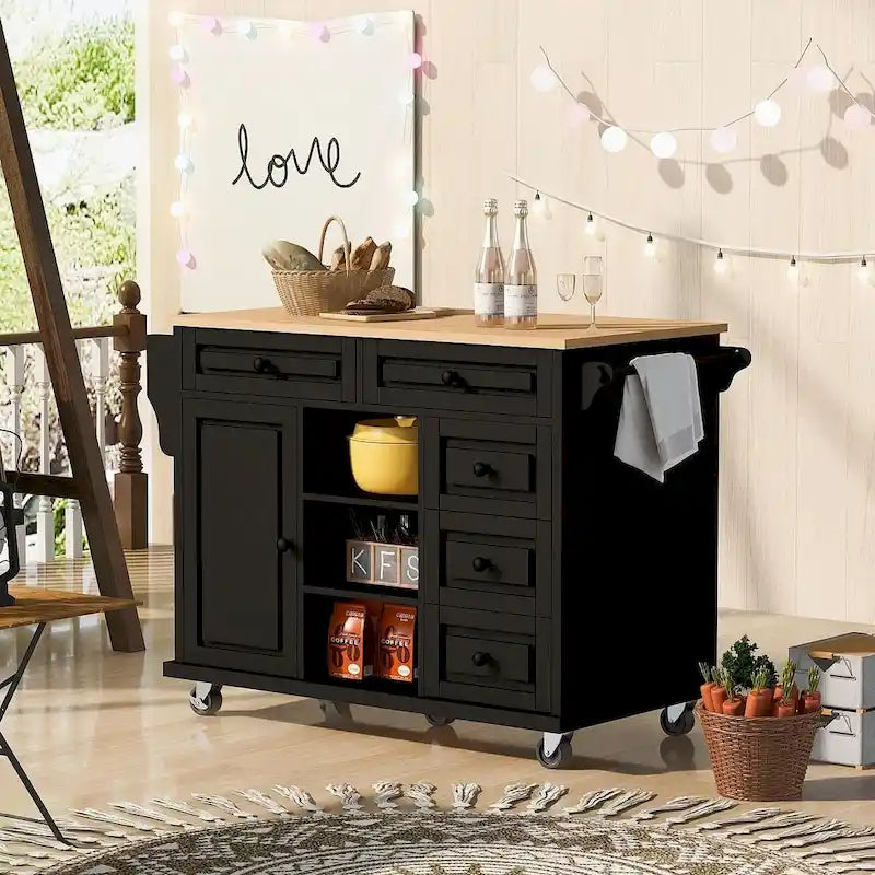 53-Inch Rolling Kitchen Island Cart with 5 Drawers and Adjustable Shelves