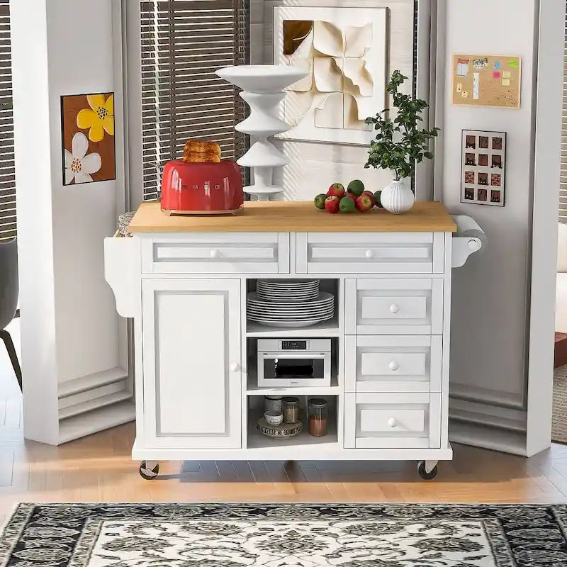 53-Inch Rolling Kitchen Island Cart with 5 Drawers and Adjustable Shelves