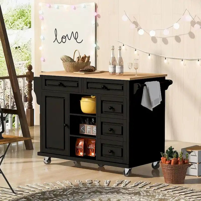 53-Inch Rolling Kitchen Island Cart with 5 Drawers and Adjustable Shelves