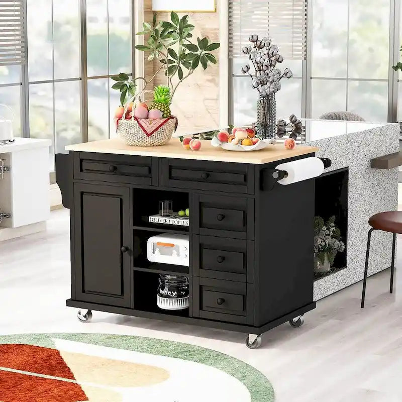 53-Inch Rolling Kitchen Island Cart with 5 Drawers and Adjustable Shelves