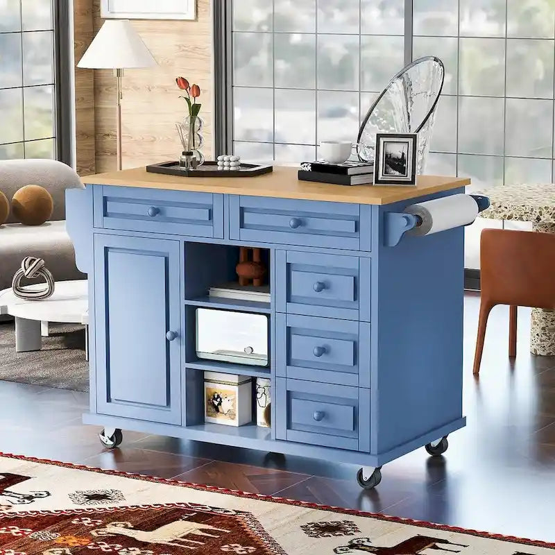 53-Inch Rolling Kitchen Island Cart with 5 Drawers and Adjustable Shelves