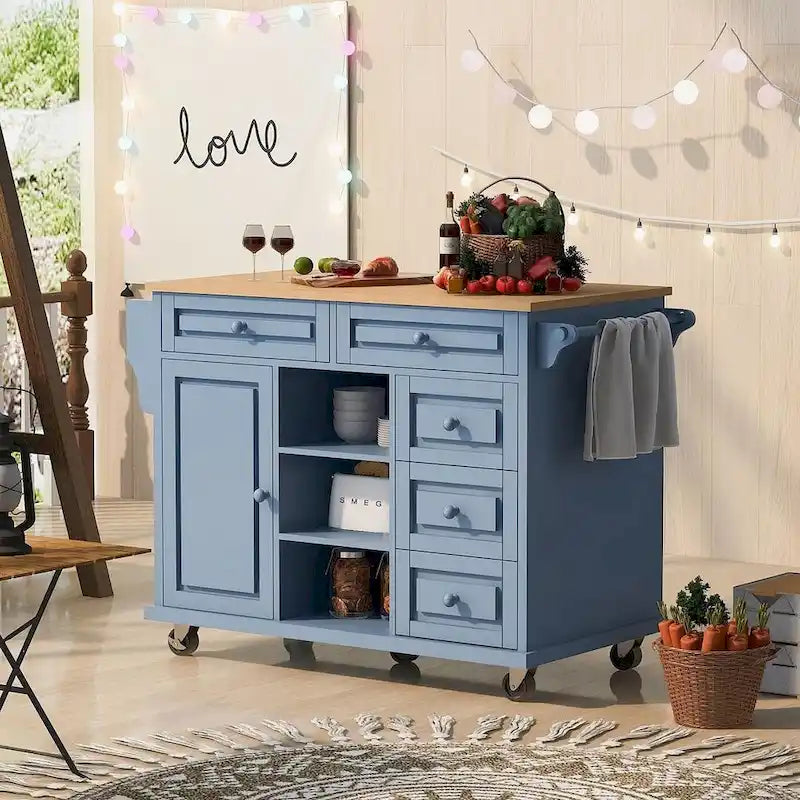 53-Inch Rolling Kitchen Island Cart with 5 Drawers and Adjustable Shelves