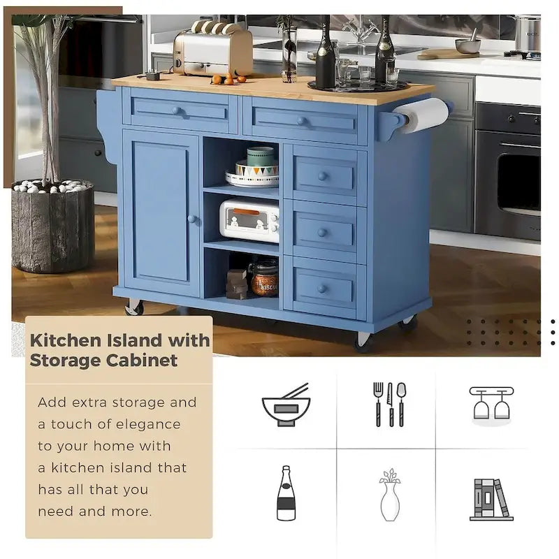 53-Inch Rolling Kitchen Island Cart with 5 Drawers and Adjustable Shelves