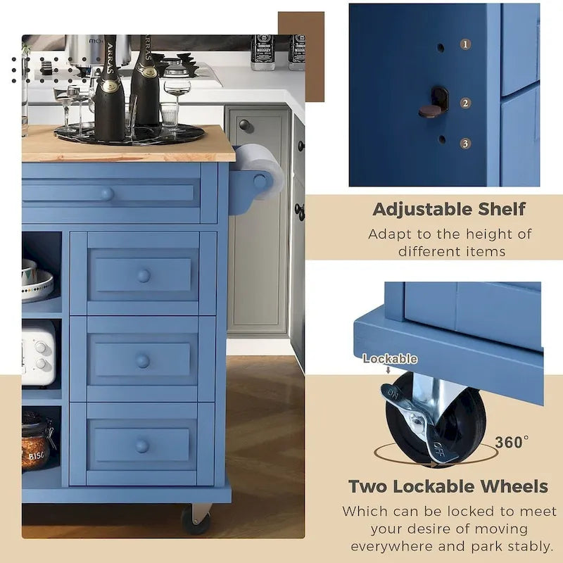53-Inch Rolling Kitchen Island Cart with 5 Drawers and Adjustable Shelves