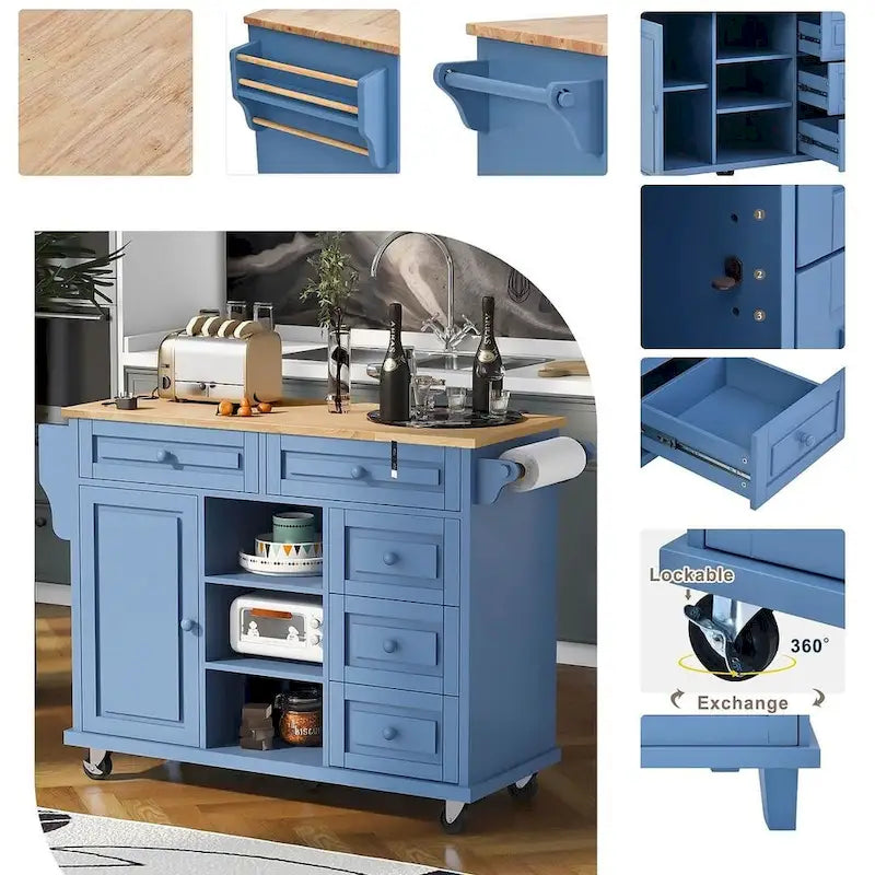 53-Inch Rolling Kitchen Island Cart with 5 Drawers and Adjustable Shelves