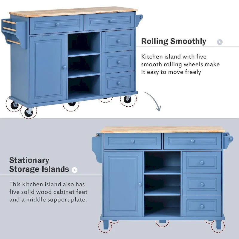 53-Inch Rolling Kitchen Island Cart with 5 Drawers and Adjustable Shelves