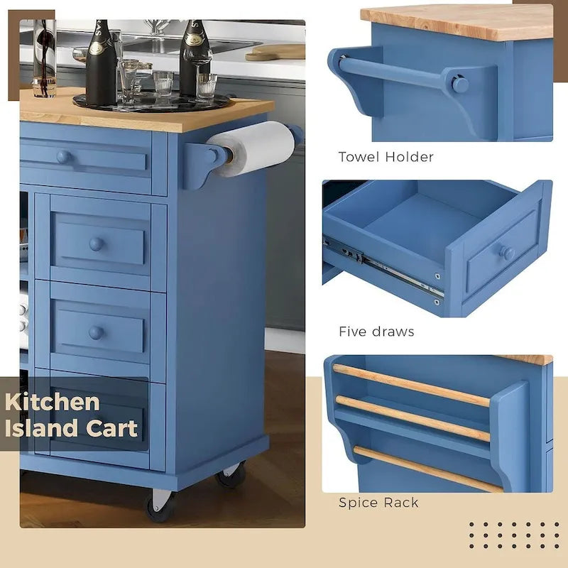 53-Inch Rolling Kitchen Island Cart with 5 Drawers and Adjustable Shelves