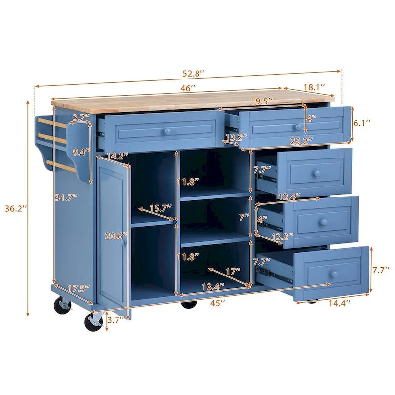 53-Inch Rolling Kitchen Island Cart with 5 Drawers and Adjustable Shelves