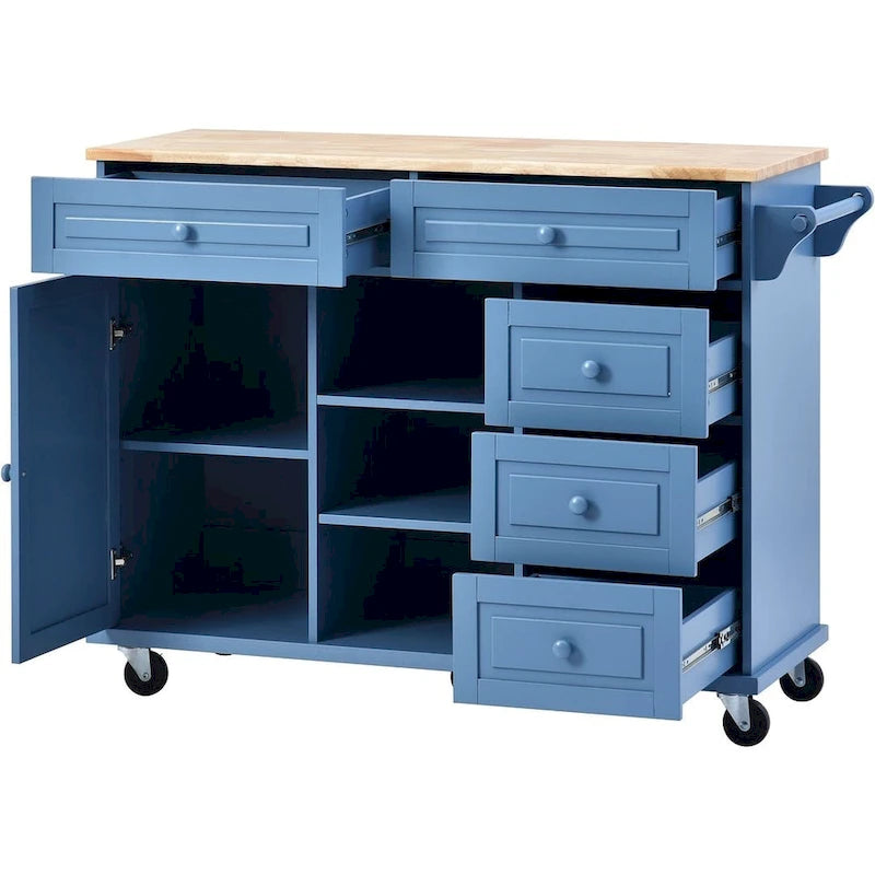 53-Inch Rolling Kitchen Island Cart with 5 Drawers and Adjustable Shelves