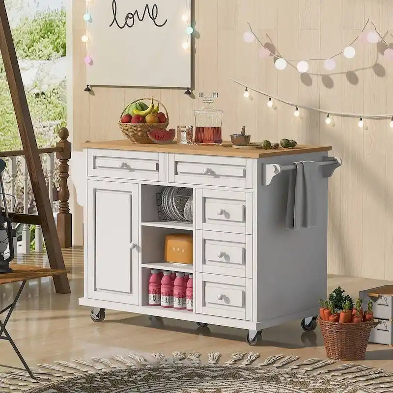 53-Inch Rolling Kitchen Island Cart with 5 Drawers and Adjustable Shelves
