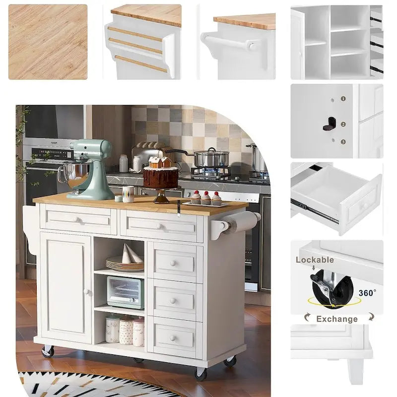 53-Inch Rolling Kitchen Island Cart with 5 Drawers and Adjustable Shelves