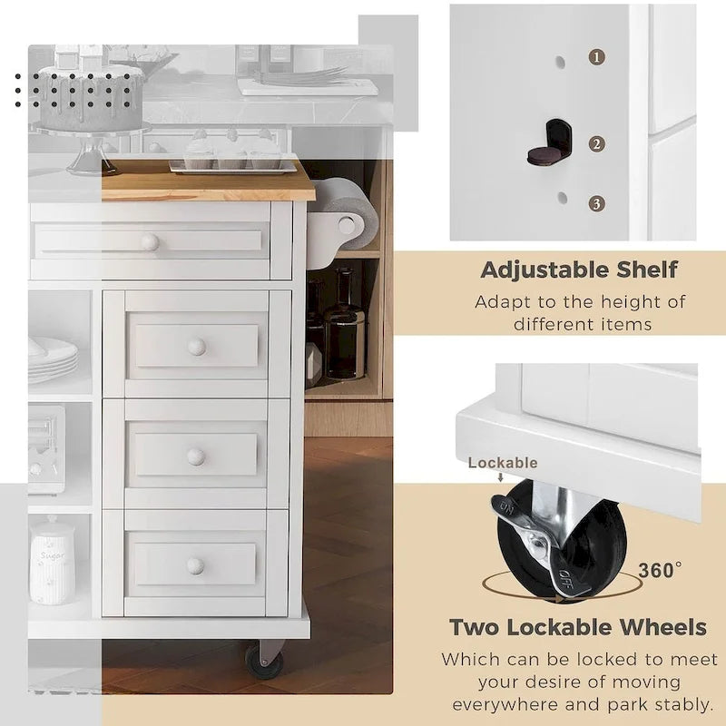 53-Inch Rolling Kitchen Island Cart with 5 Drawers and Adjustable Shelves
