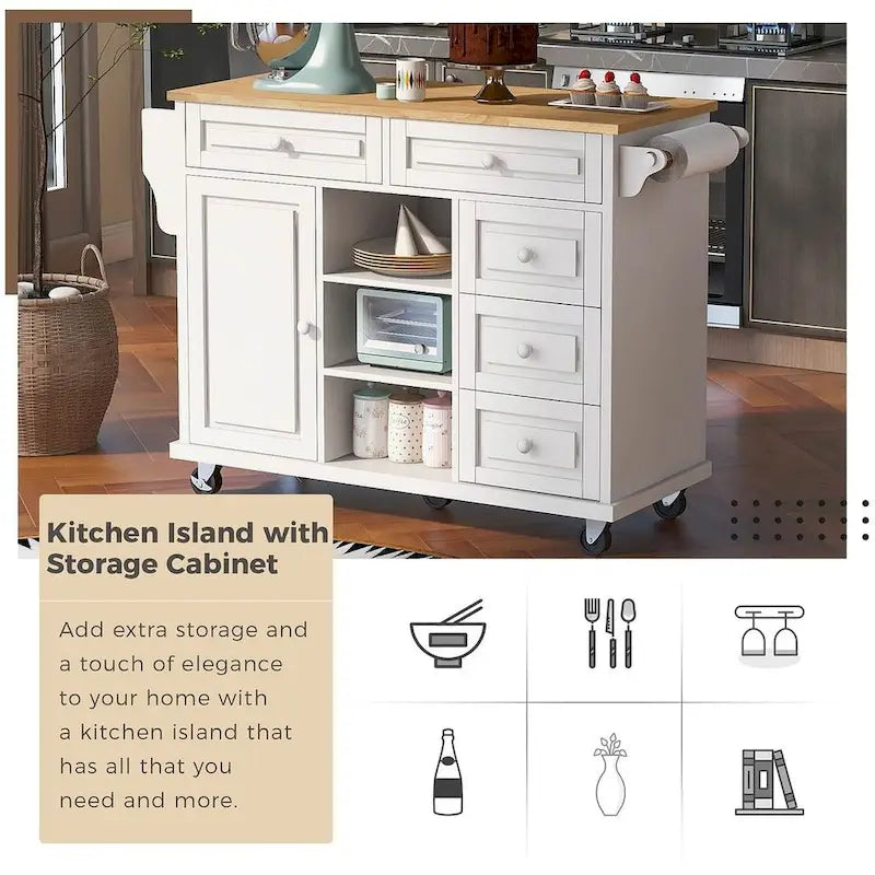 53-Inch Rolling Kitchen Island Cart with 5 Drawers and Adjustable Shelves