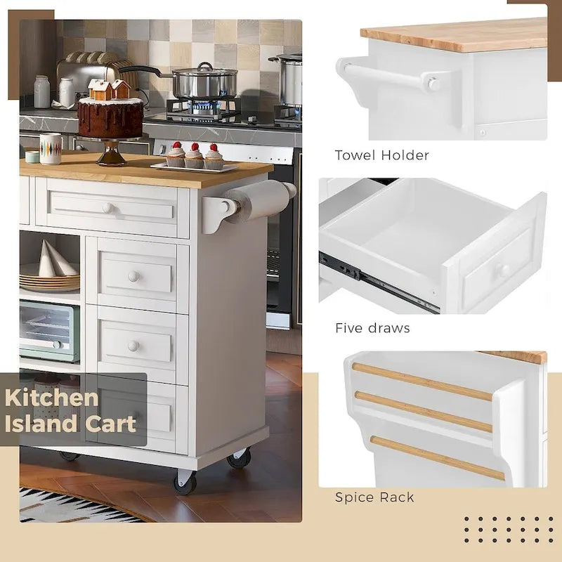 53-Inch Rolling Kitchen Island Cart with 5 Drawers and Adjustable Shelves