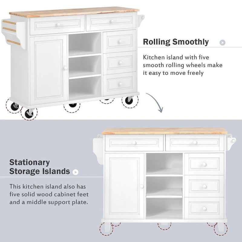53-Inch Rolling Kitchen Island Cart with 5 Drawers and Adjustable Shelves