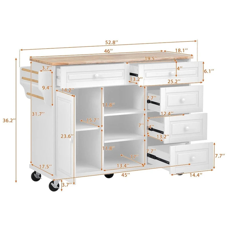 53-Inch Rolling Kitchen Island Cart with 5 Drawers and Adjustable Shelves