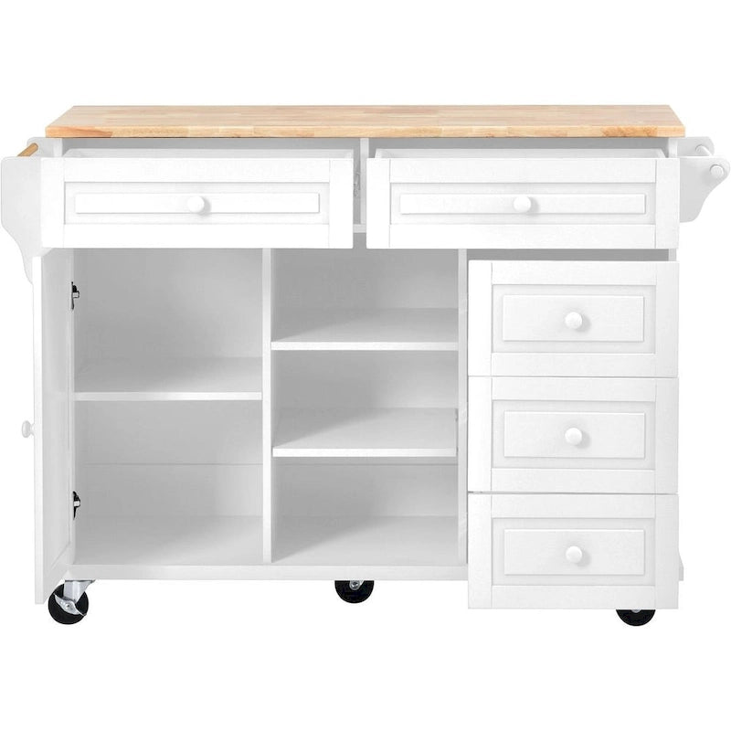 53-Inch Rolling Kitchen Island Cart with 5 Drawers and Adjustable Shelves
