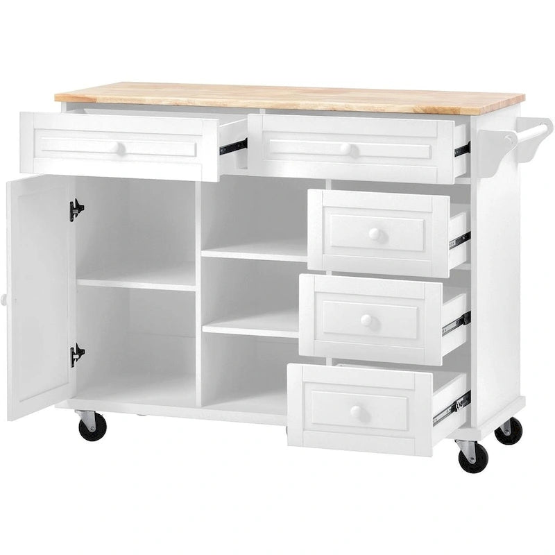 53-Inch Rolling Kitchen Island Cart with 5 Drawers and Adjustable Shelves