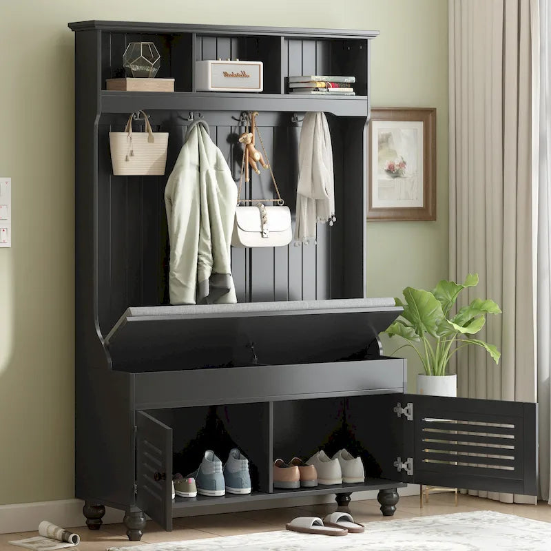 5-in-1 Hall Tree with Shutter Doors, Storage Bench, Coat Rack and 4 Hooks - 47.2" Wide