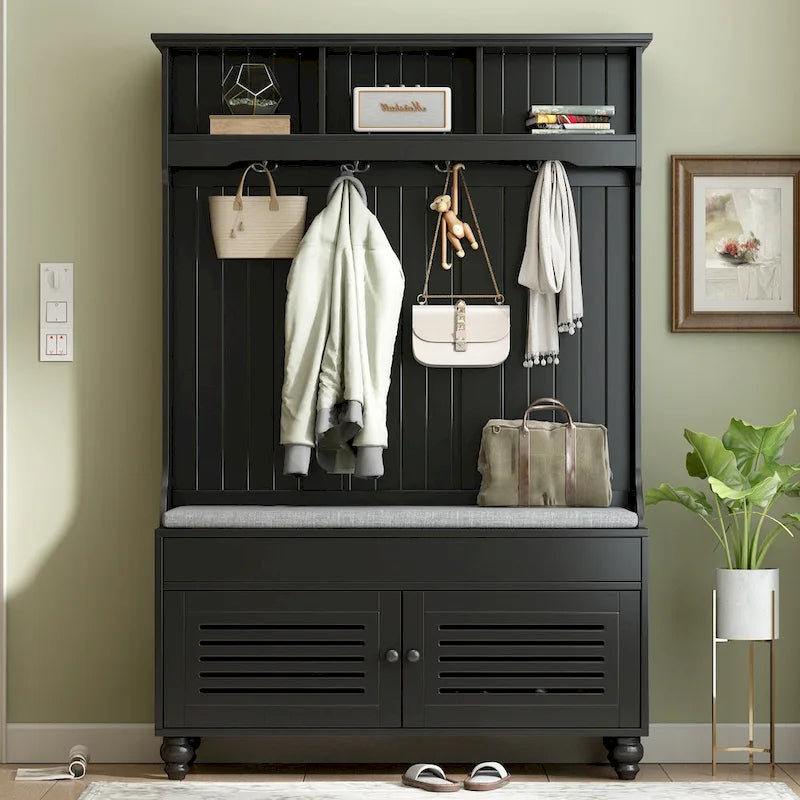 5-in-1 Hall Tree with Shutter Doors, Storage Bench, Coat Rack and 4 Hooks - 47.2" Wide