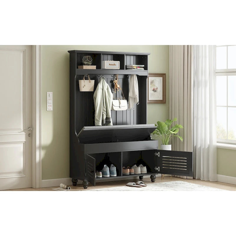 5-in-1 Hall Tree with Shutter Doors, Storage Bench, Coat Rack and 4 Hooks - 47.2" Wide